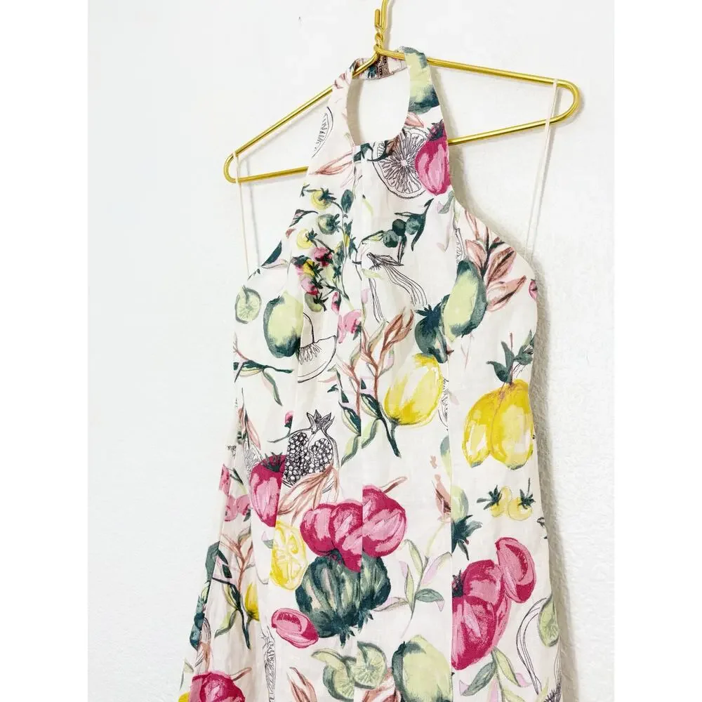 Abercrombie & Fitch Premium Linen High Neck Maxi Dress Size LP Vegetable Print